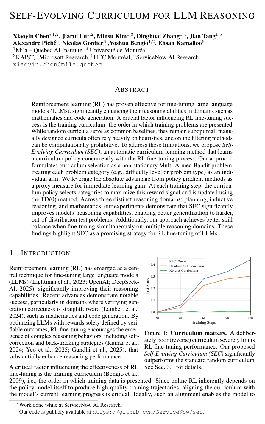 Self-Evolving Curriculum for LLM Reasoning