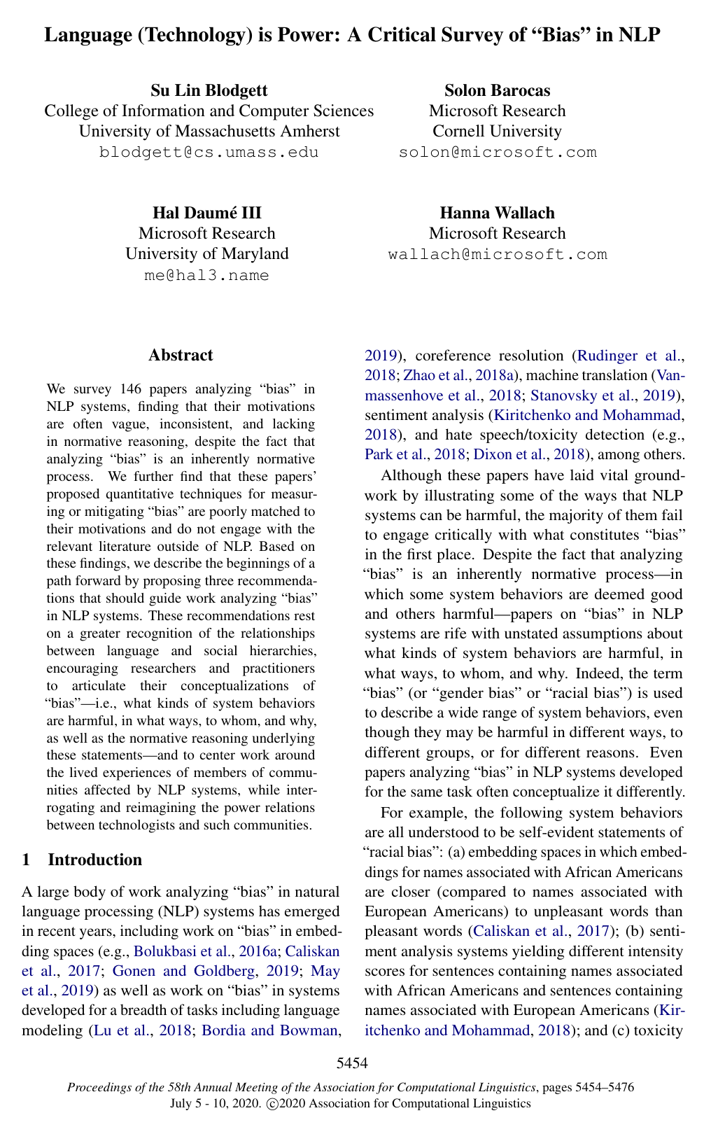 Cover for Language (Technology) is Power: A Critical Survey of “Bias” in NLP