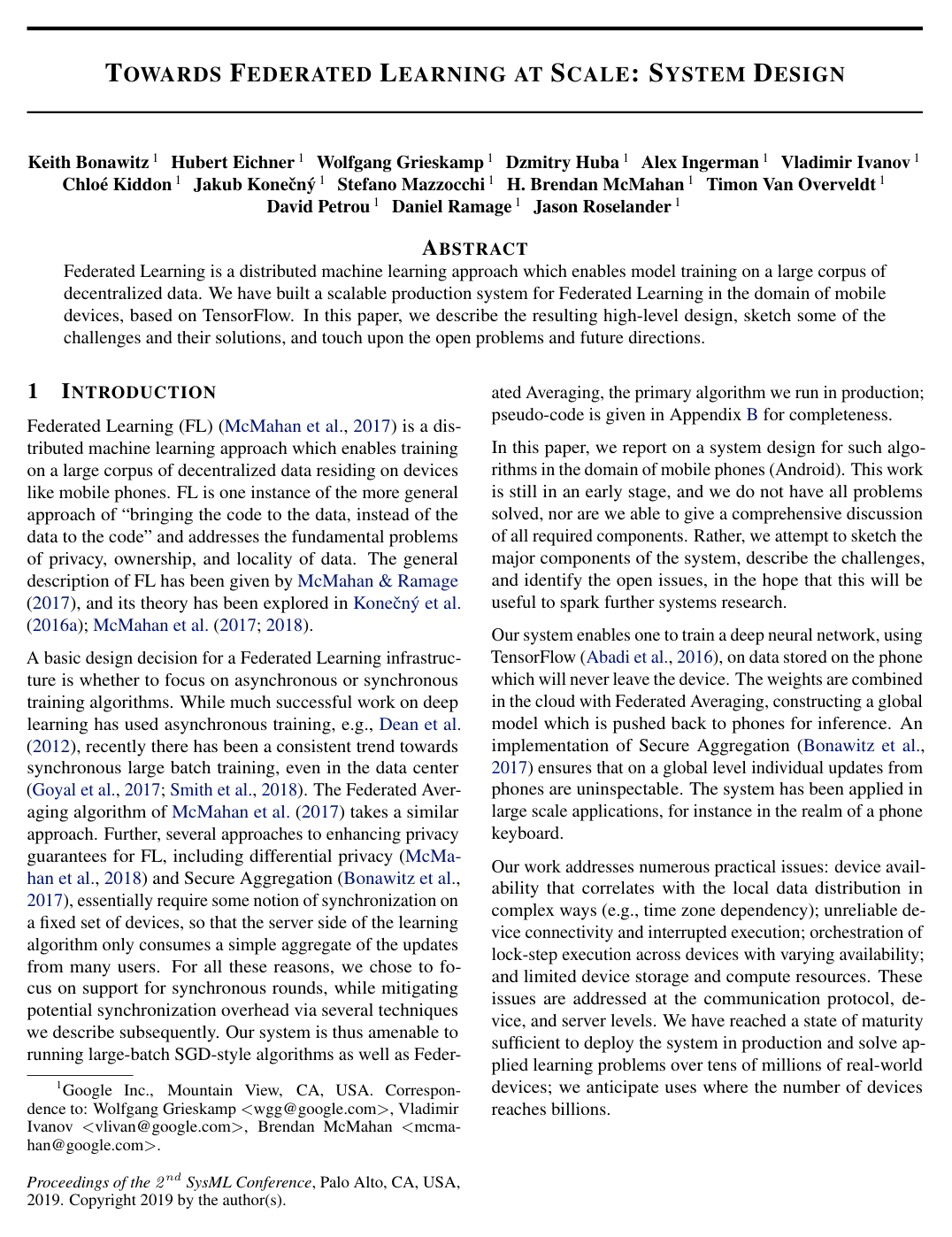 Cover for Towards Federated Learning at Scale: System Design