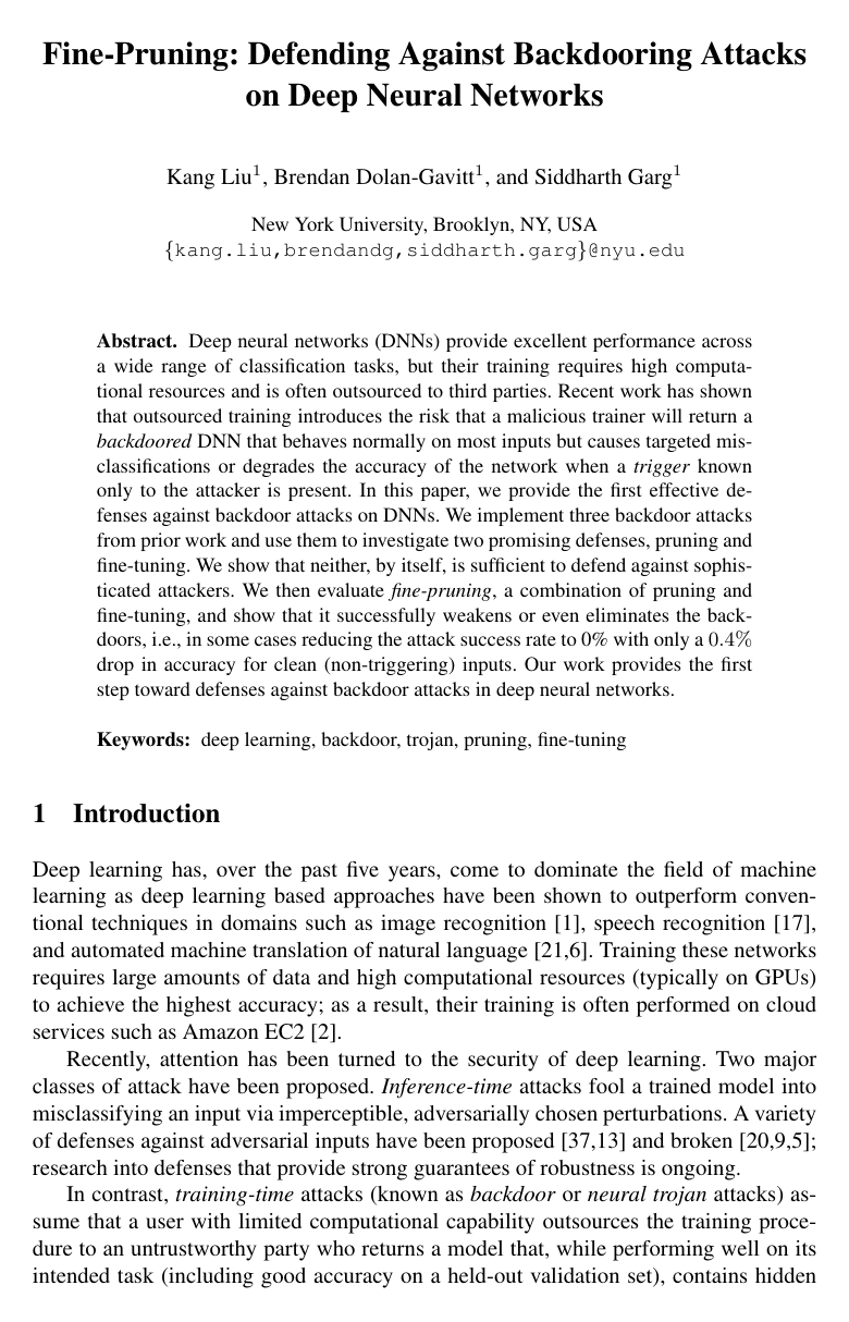 Cover for Fine-Pruning: Defending Against Backdooring Attacks on Deep Neural Networks