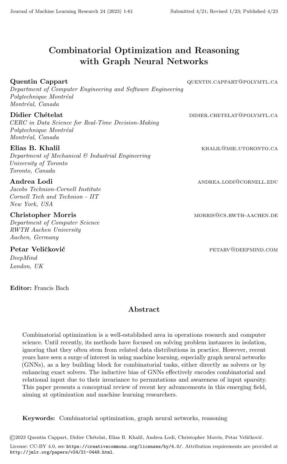 Combinatorial Optimization and Reasoning with Graph Neural Networks
