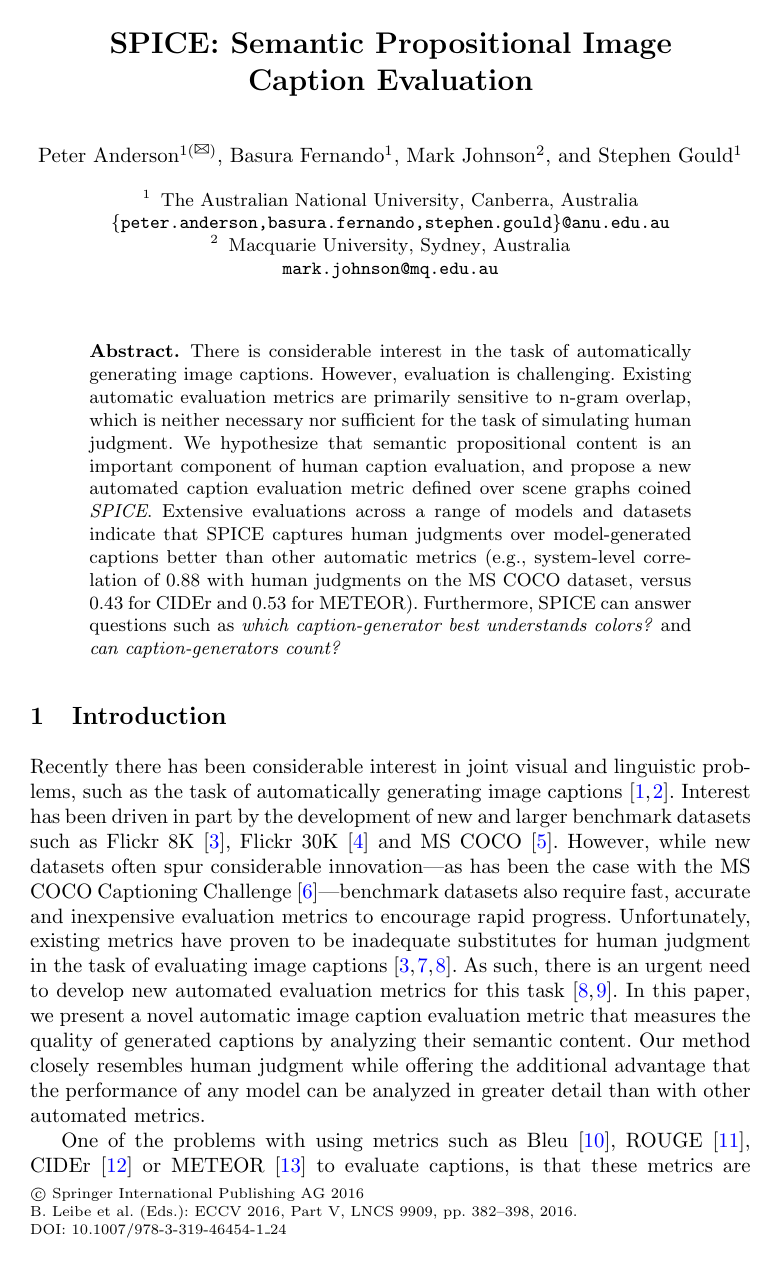 Cover for SPICE: Semantic Propositional Image Caption Evaluation