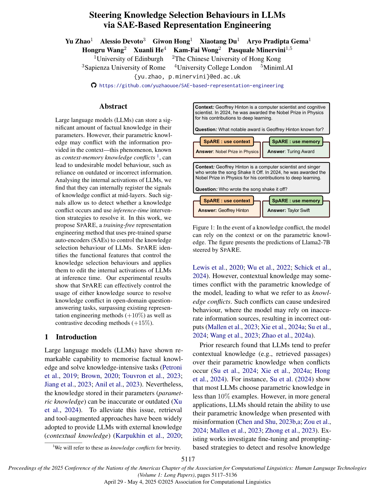 Cover for Steering Knowledge Selection Behaviours in LLMs via SAE-Based Representation Engineering