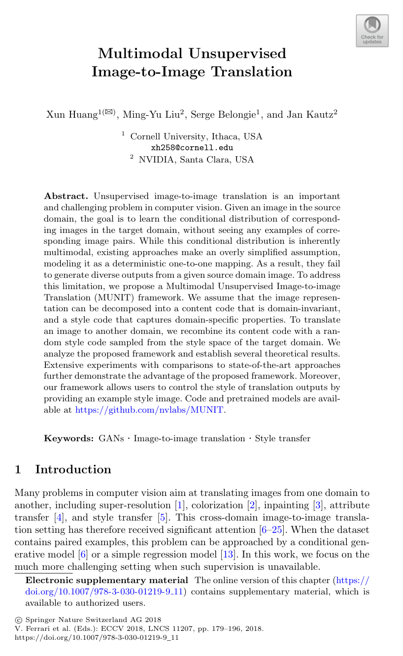 Cover for Multimodal Unsupervised Image-to-Image Translation