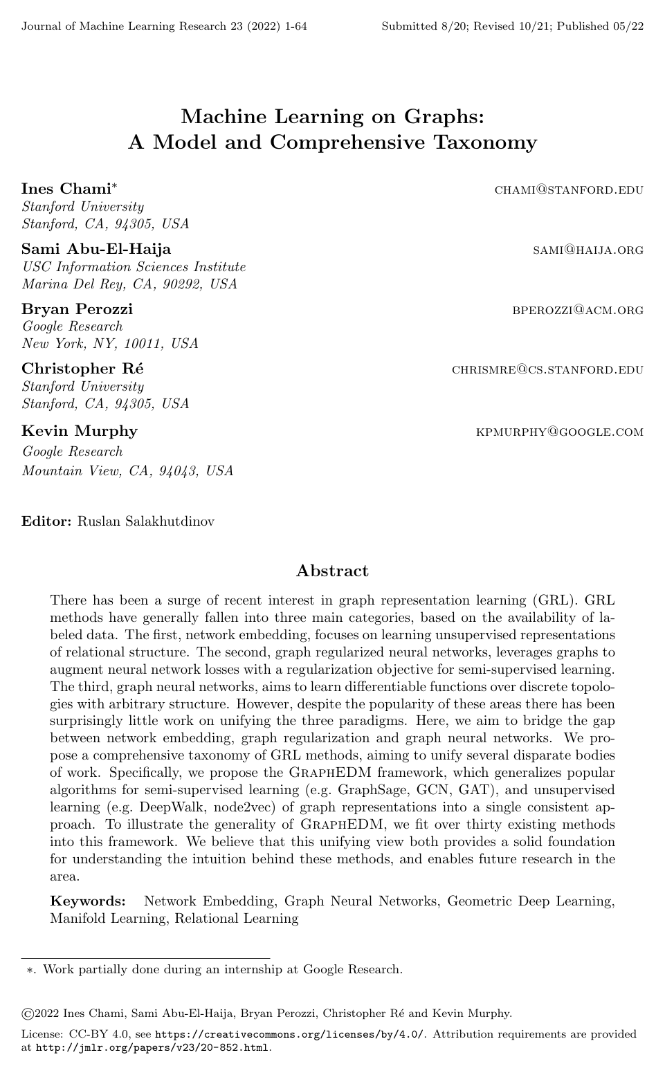 Machine Learning on Graphs: A Model and Comprehensive Taxonomy
