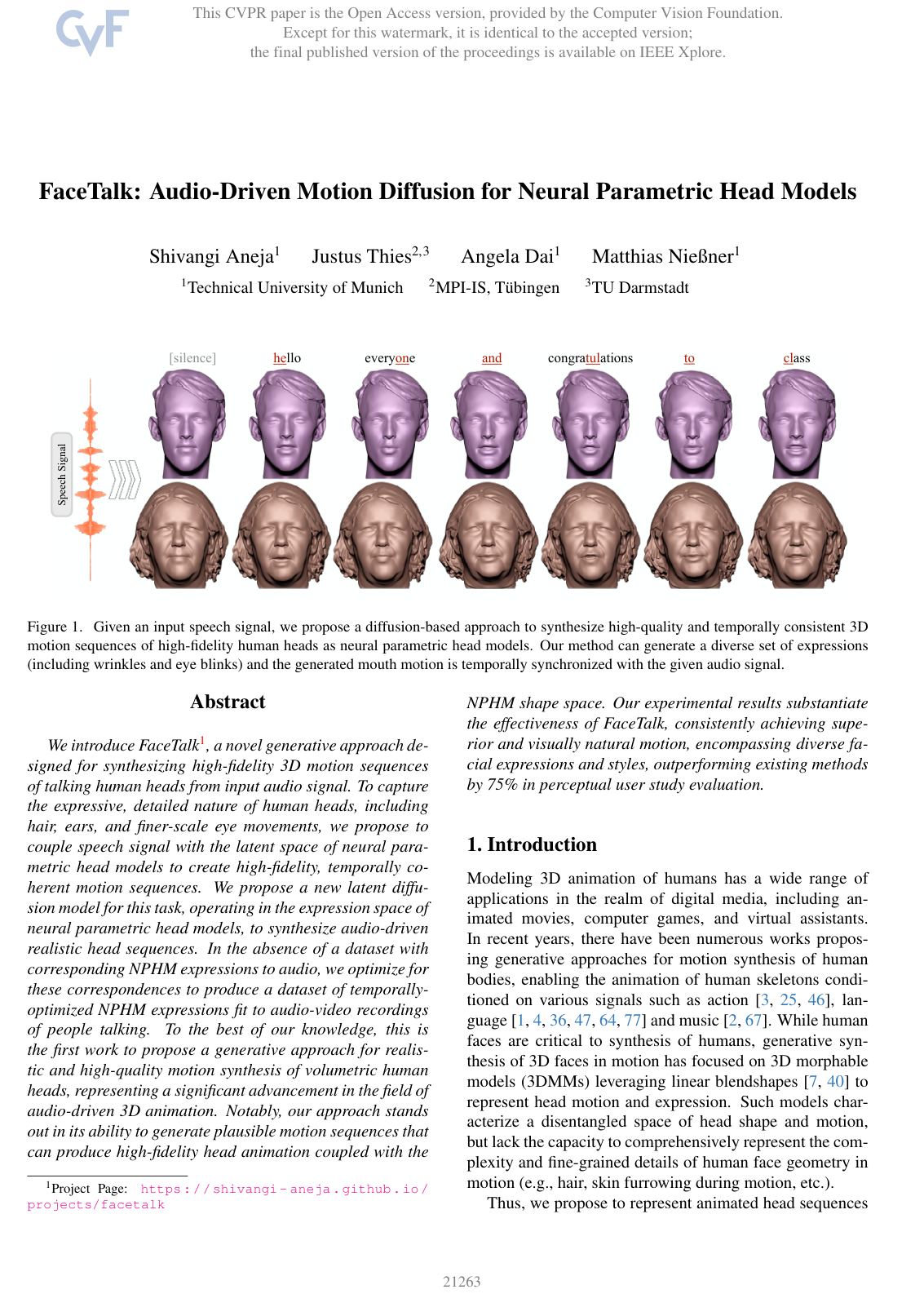 Cover for FaceTalk: Audio-Driven Motion Diffusion for Neural Parametric Head Models