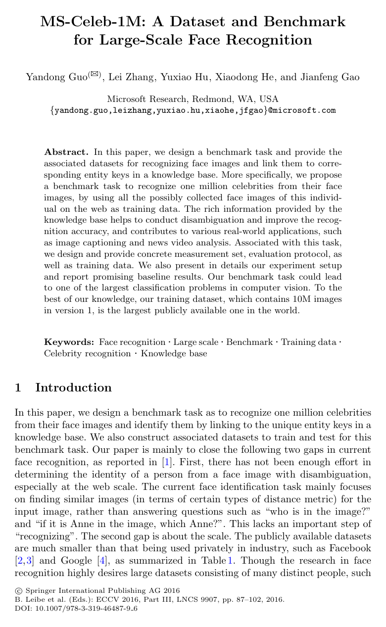 Cover for MS-Celeb-1M: A Dataset and Benchmark for Large-Scale Face Recognition