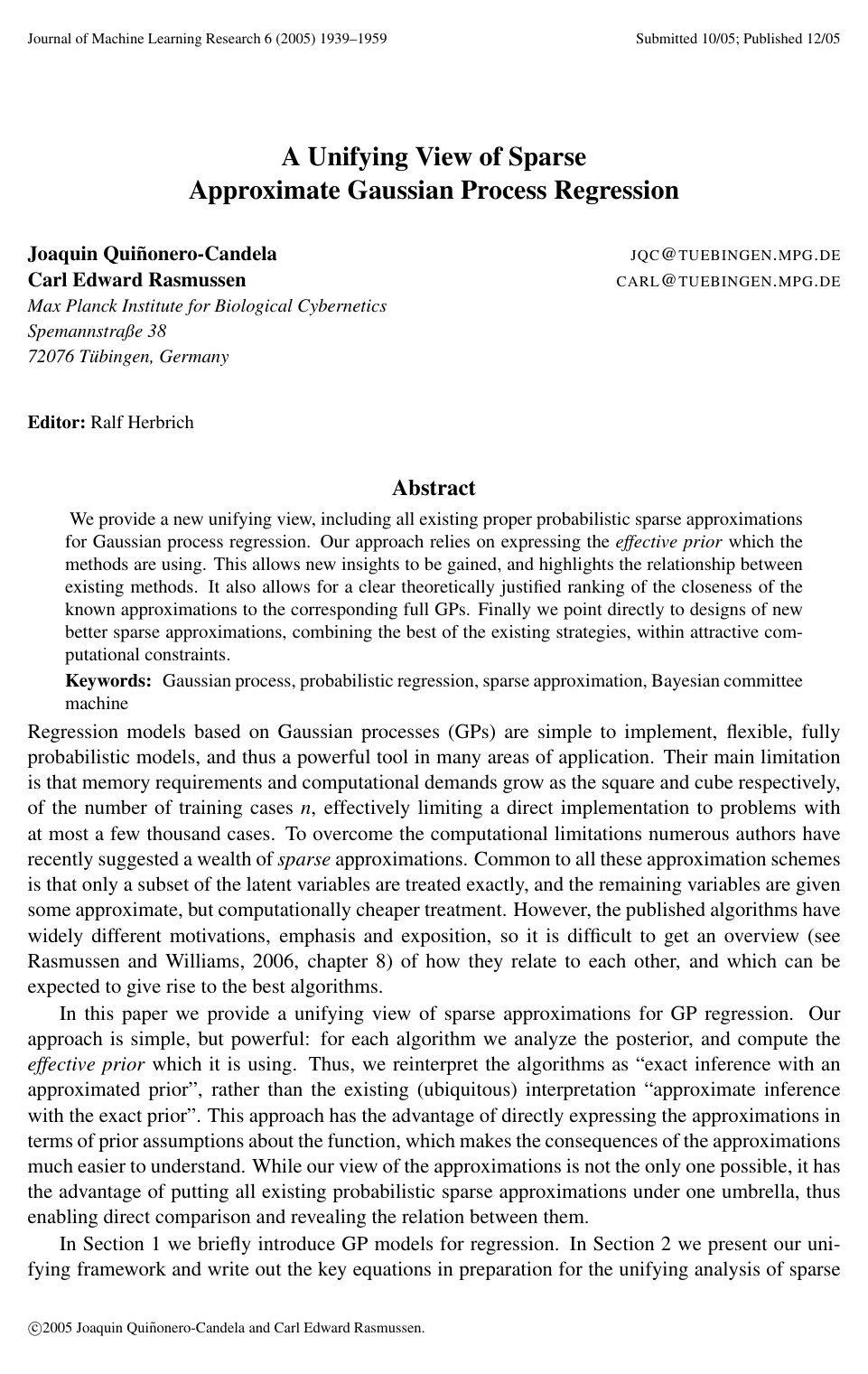 A Unifying View of Sparse Approximate Gaussian Process Regression