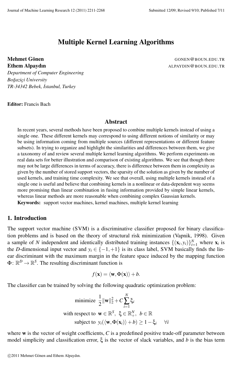 Cover for Multiple Kernel Learning Algorithms