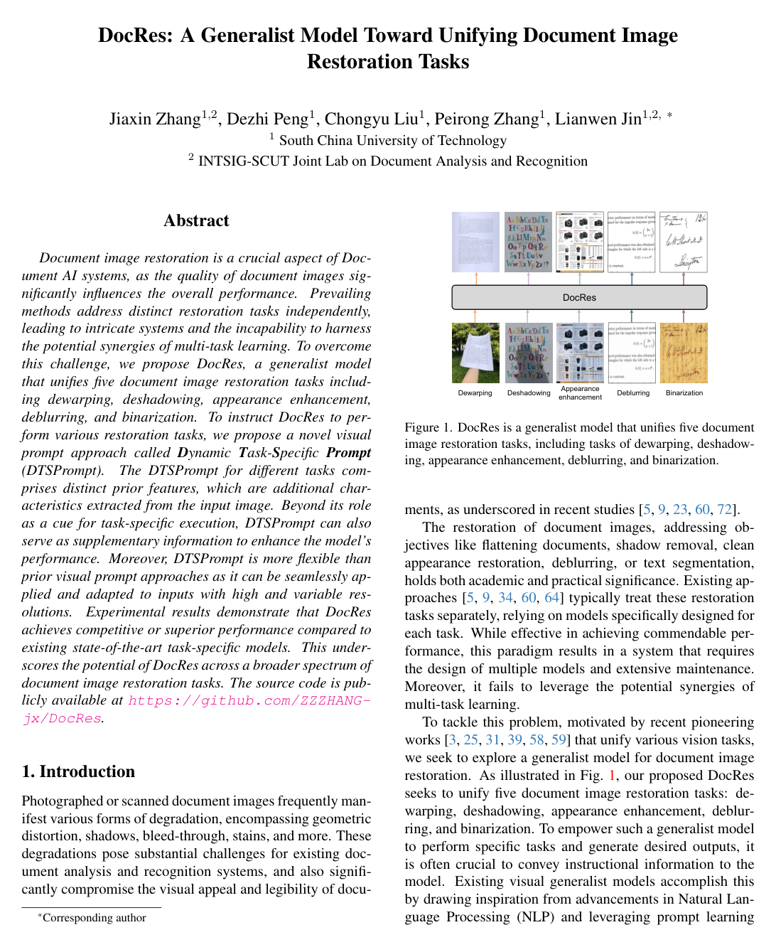 DocRes: A Generalist Model Toward Unifying Document Image Restoration Tasks