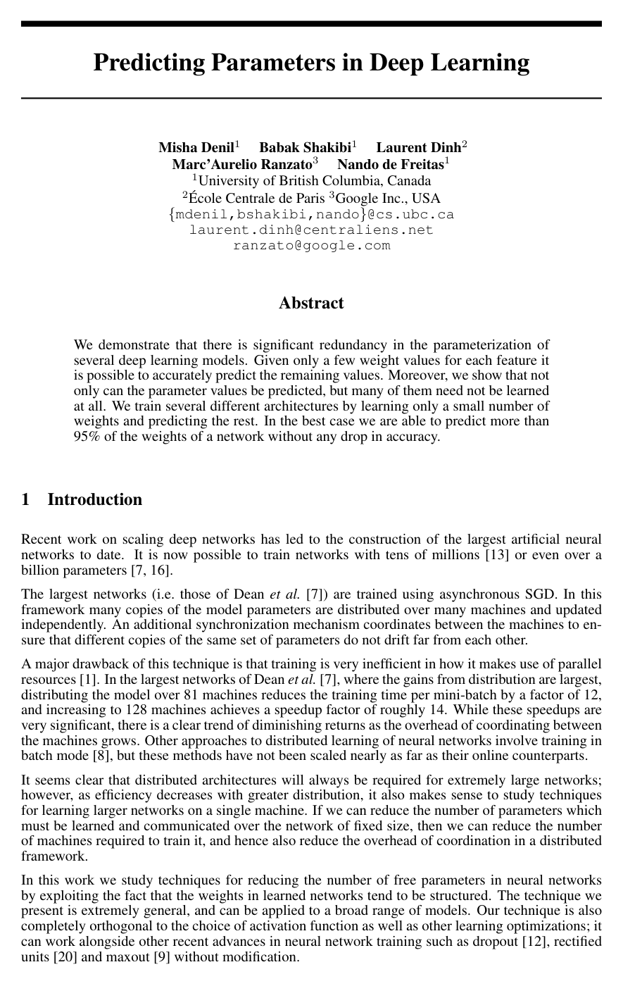 Cover for Predicting Parameters in Deep Learning