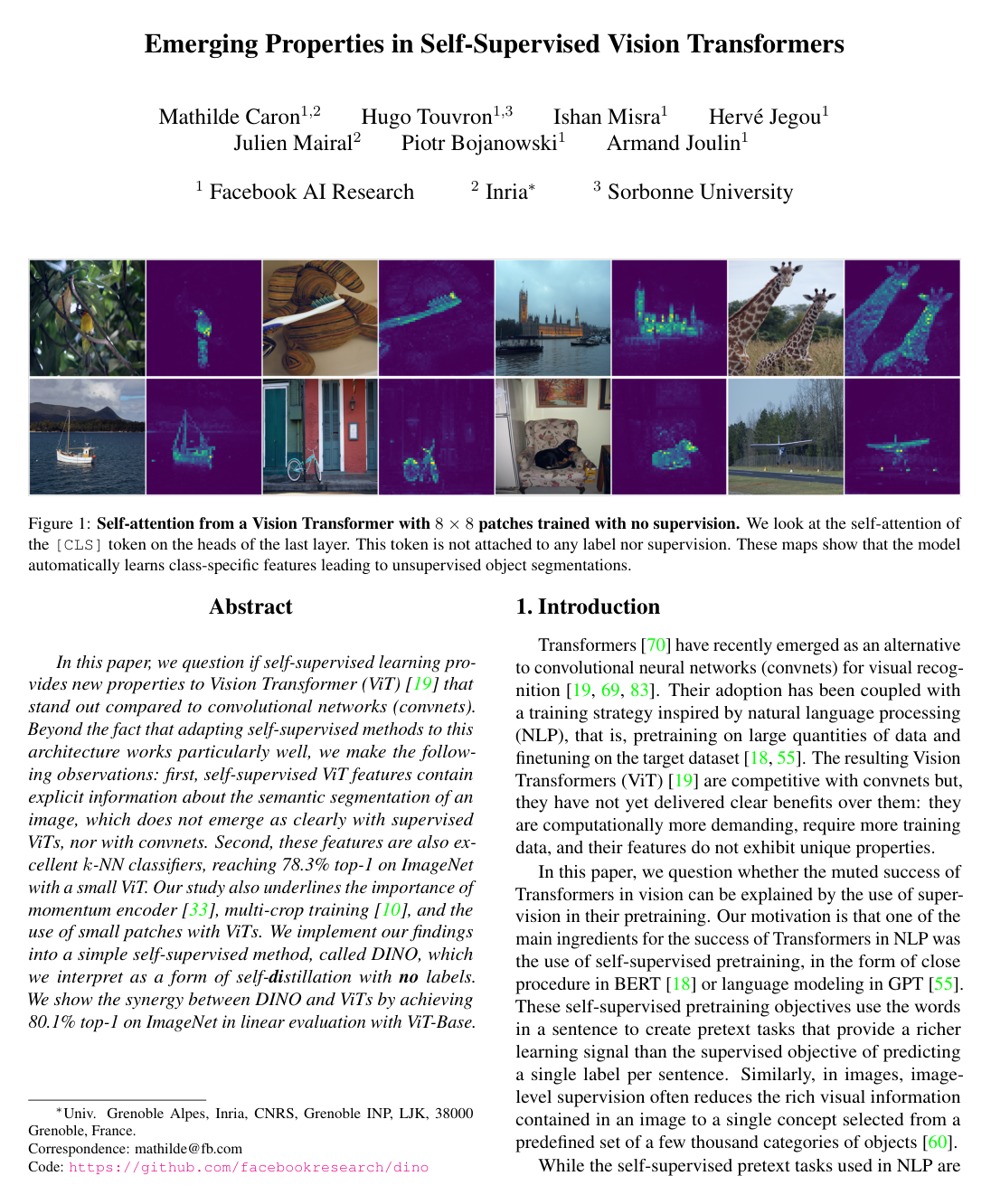 Emerging Properties in Self-Supervised Vision Transformers