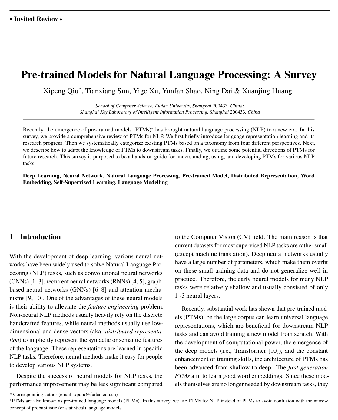 Cover for Pre-trained models for natural language processing: A survey