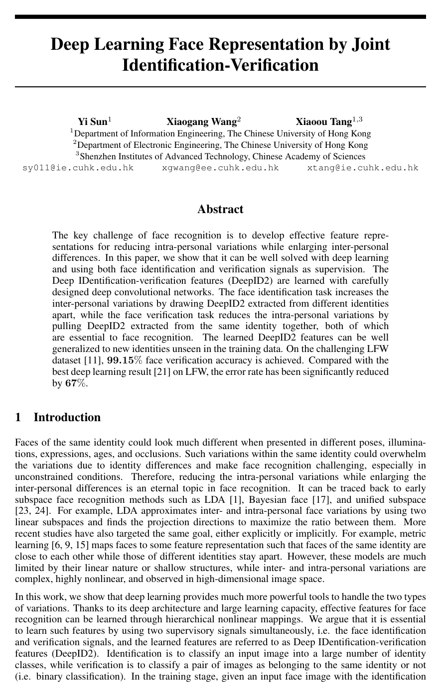 Deep Learning Face Representation by Joint Identification-Verification