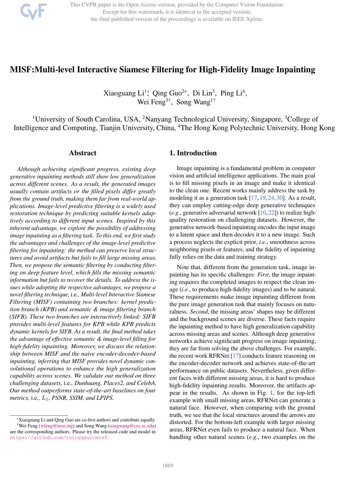 MISF: Multi-level Interactive Siamese Filtering for High-Fidelity Image Inpainting