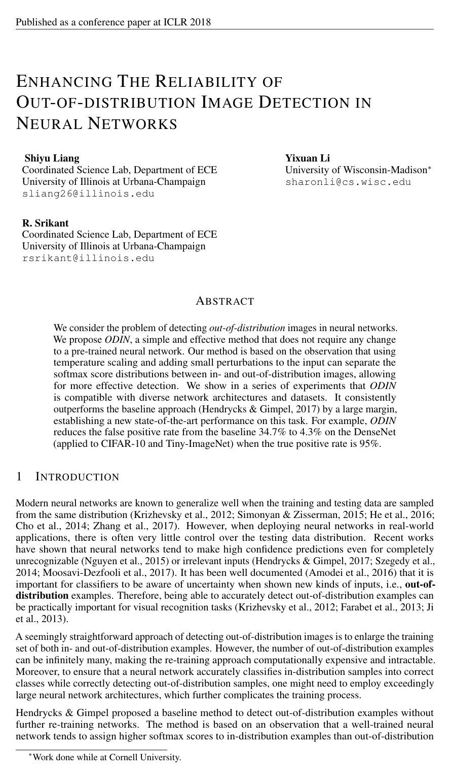 Cover for Enhancing The Reliability of Out-of-distribution Image Detection in Neural Networks