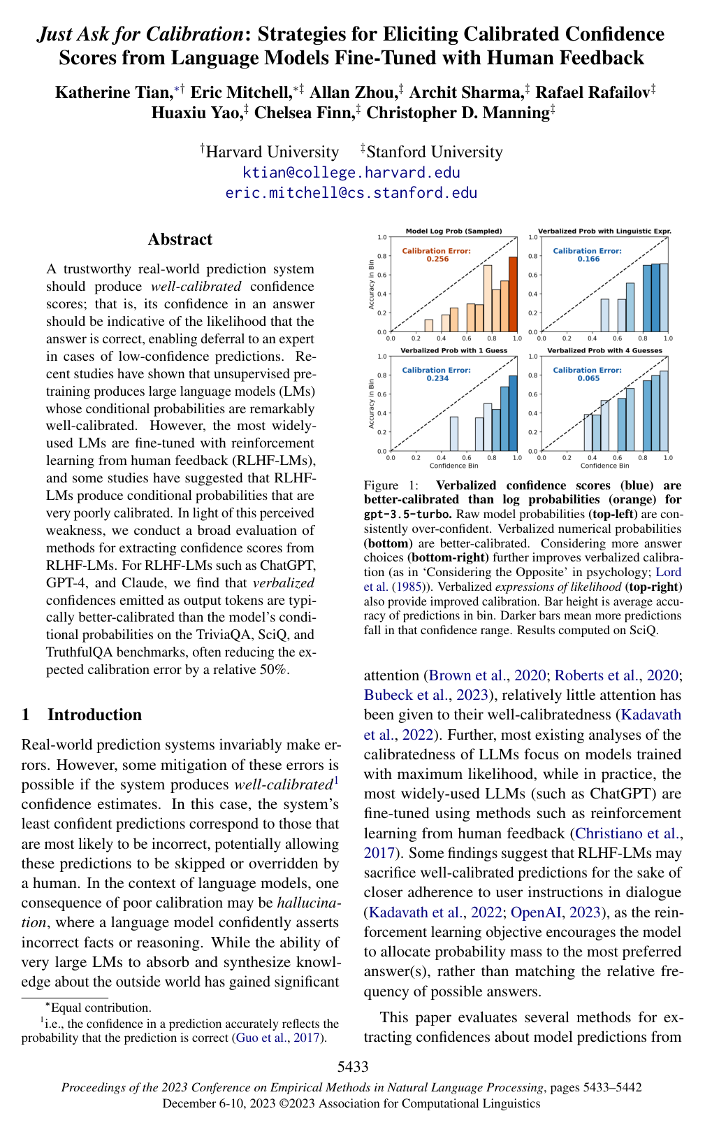 Just Ask for Calibration: Strategies for Eliciting Calibrated Confidence Scores from Language Models Fine-Tuned with Human Feedback