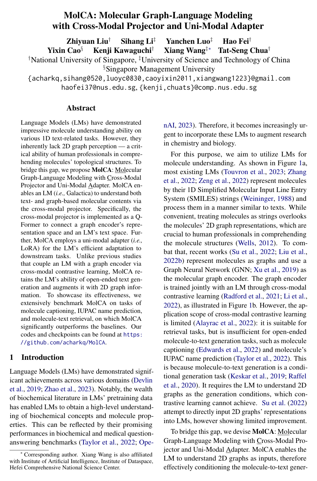 Cover for MolCA: Molecular Graph-Language Modeling with Cross-Modal Projector and Uni-Modal Adapter