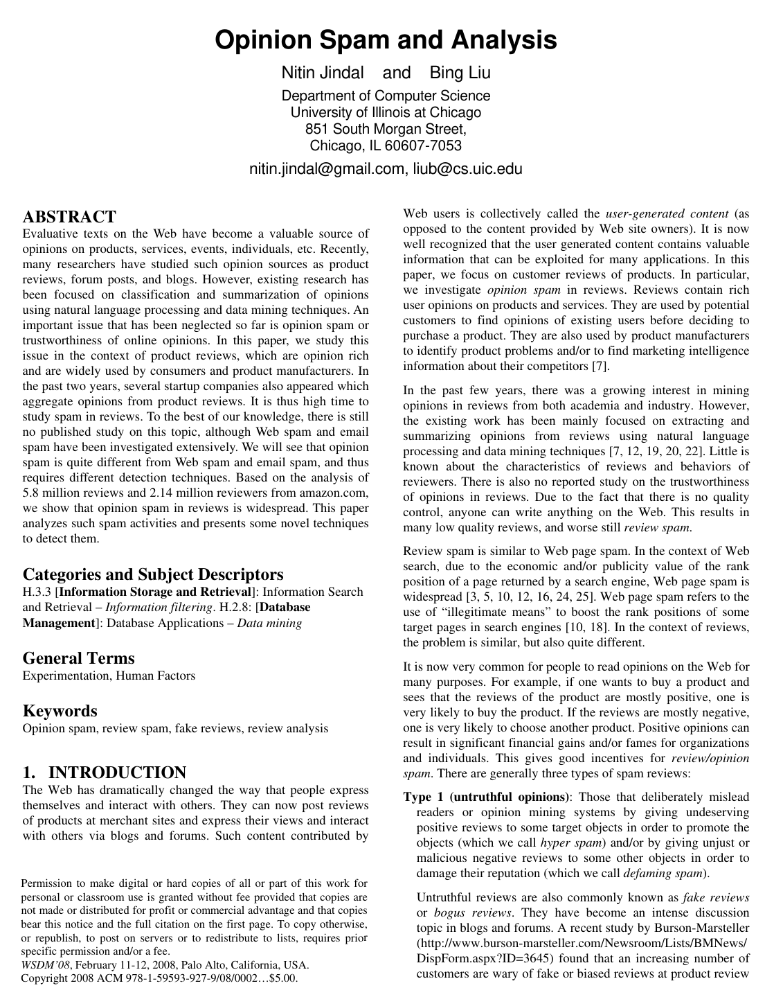 Cover for Opinion spam and analysis