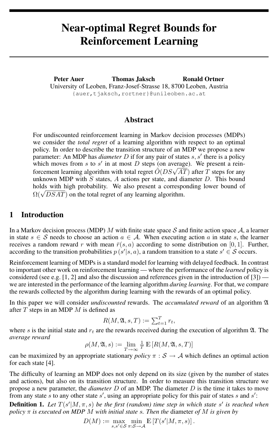 Near-optimal Regret Bounds for Reinforcement Learning