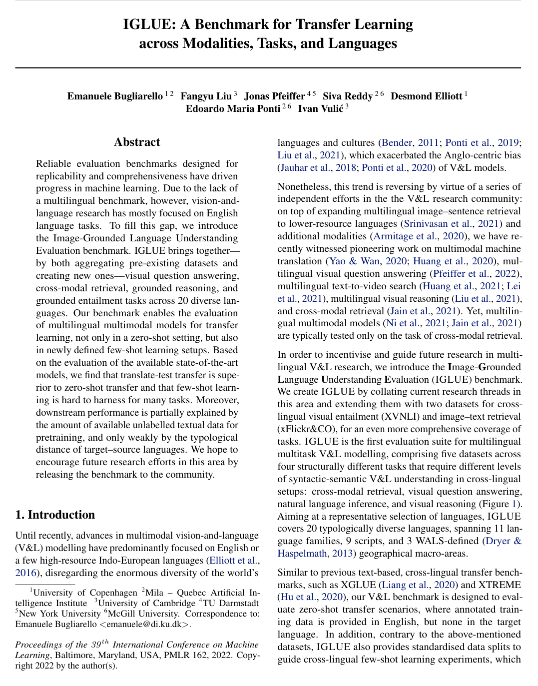 IGLUE: A Benchmark for Transfer Learning across Modalities, Tasks, and Languages