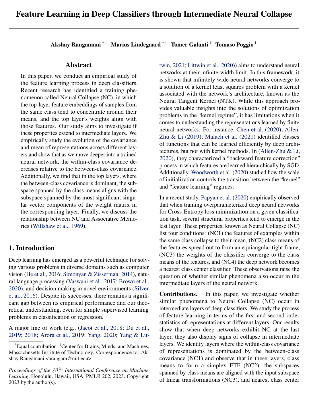 Cover for Feature learning in deep classifiers through Intermediate Neural Collapse
