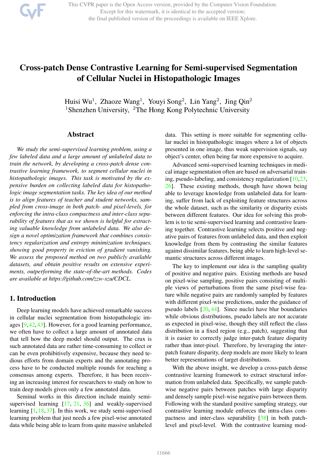 Cross-patch Dense Contrastive Learning for Semi-supervised Segmentation of Cellular Nuclei in Histopathologic Images