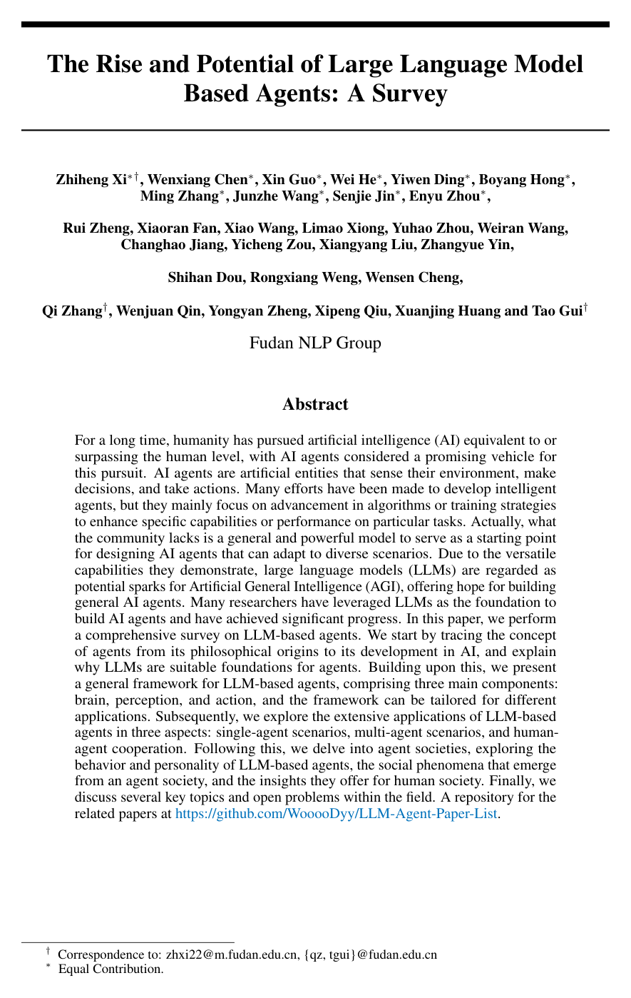 Cover for The Rise and Potential of Large Language Model Based Agents: A Survey
