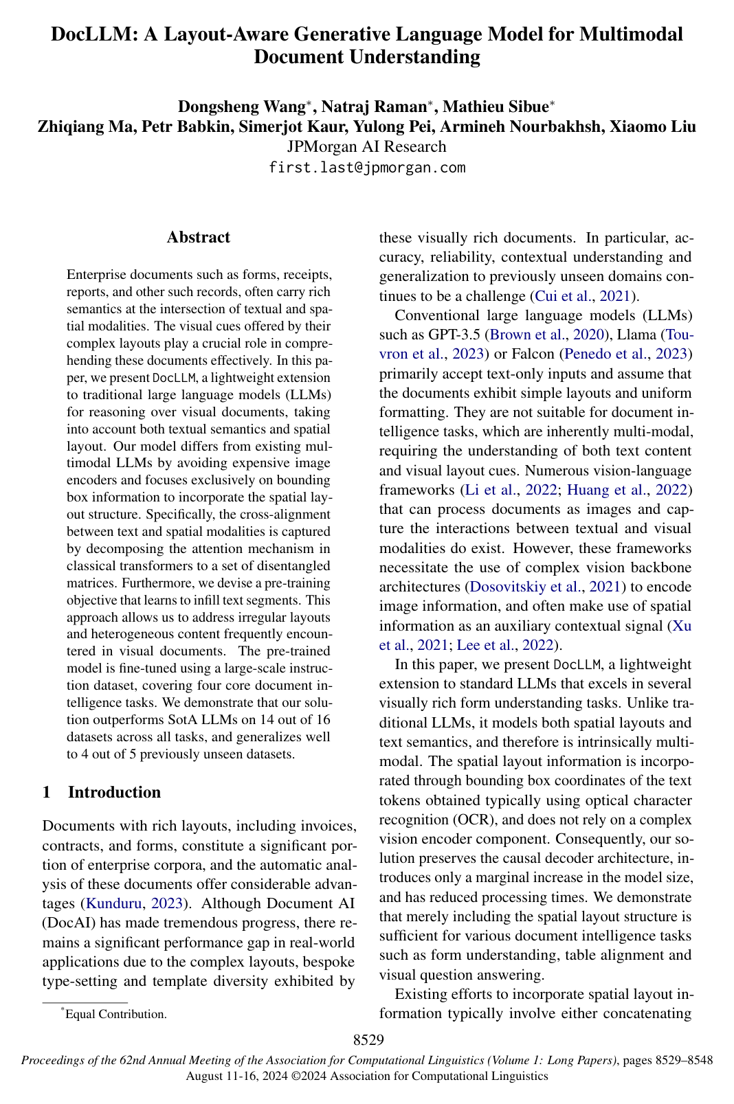 DocLLM: A Layout-Aware Generative Language Model for Multimodal Document Understanding