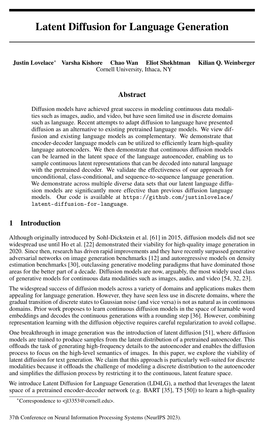 Latent Diffusion for Language Generation