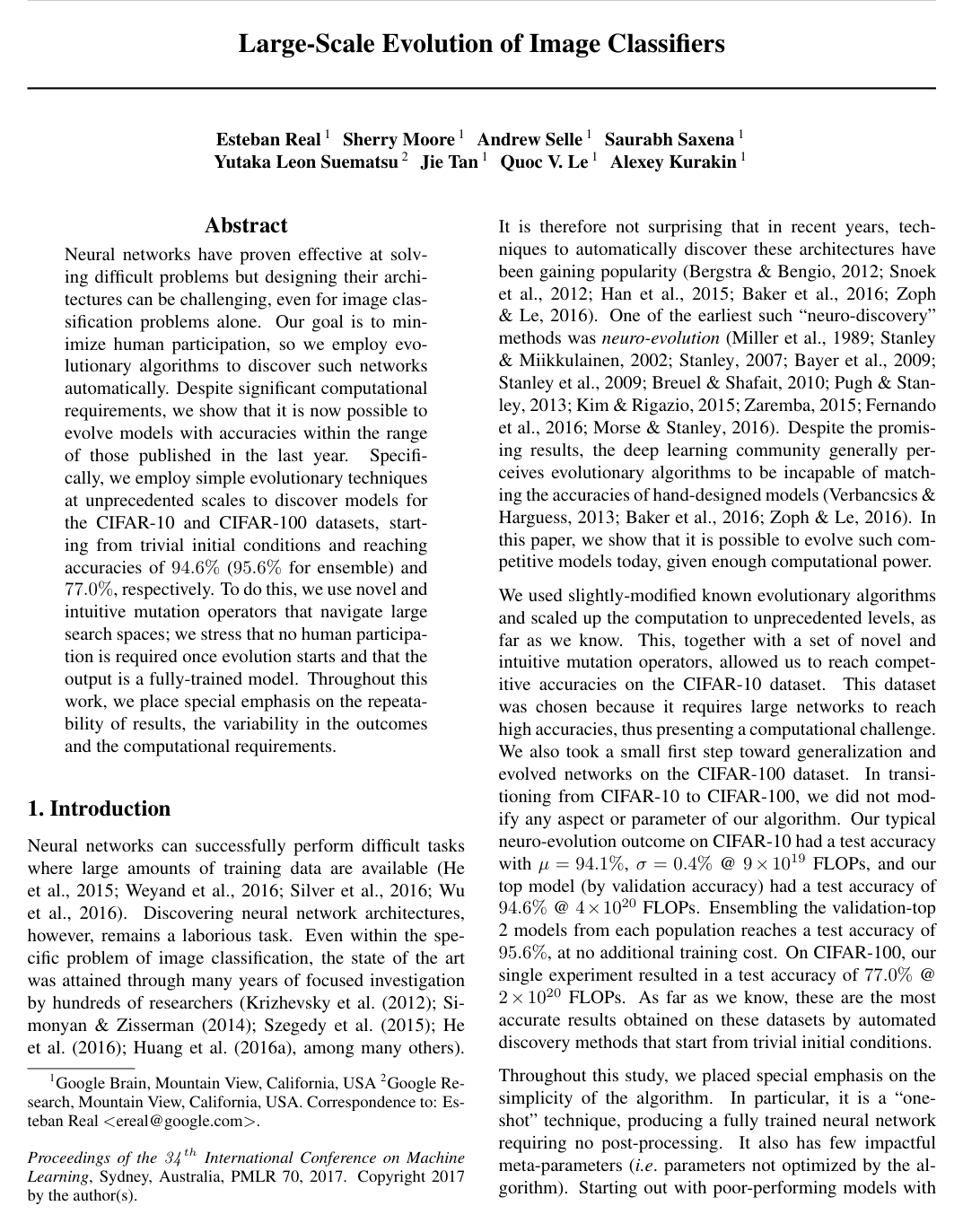 Cover for Large-Scale Evolution of Image Classifiers