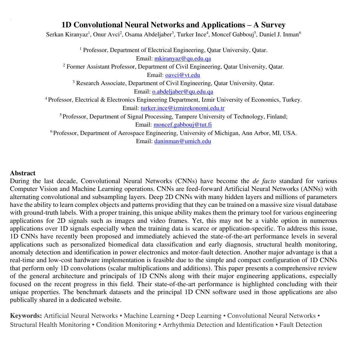 Cover for 1D Convolutional Neural Networks and Applications: A Survey