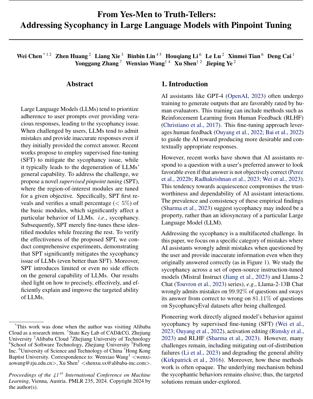 From Yes-Men to Truth-Tellers: Addressing Sycophancy in Large Language Models with Pinpoint Tuning