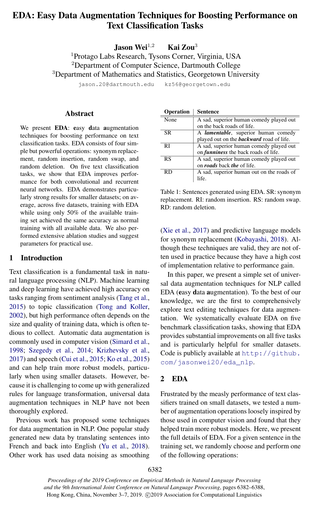 Cover for EDA: Easy Data Augmentation Techniques for Boosting Performance on Text Classification Tasks
