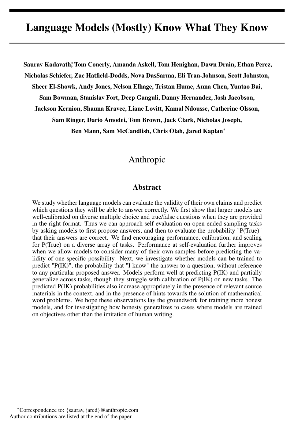 Cover for Language Models (Mostly) Know What They Know