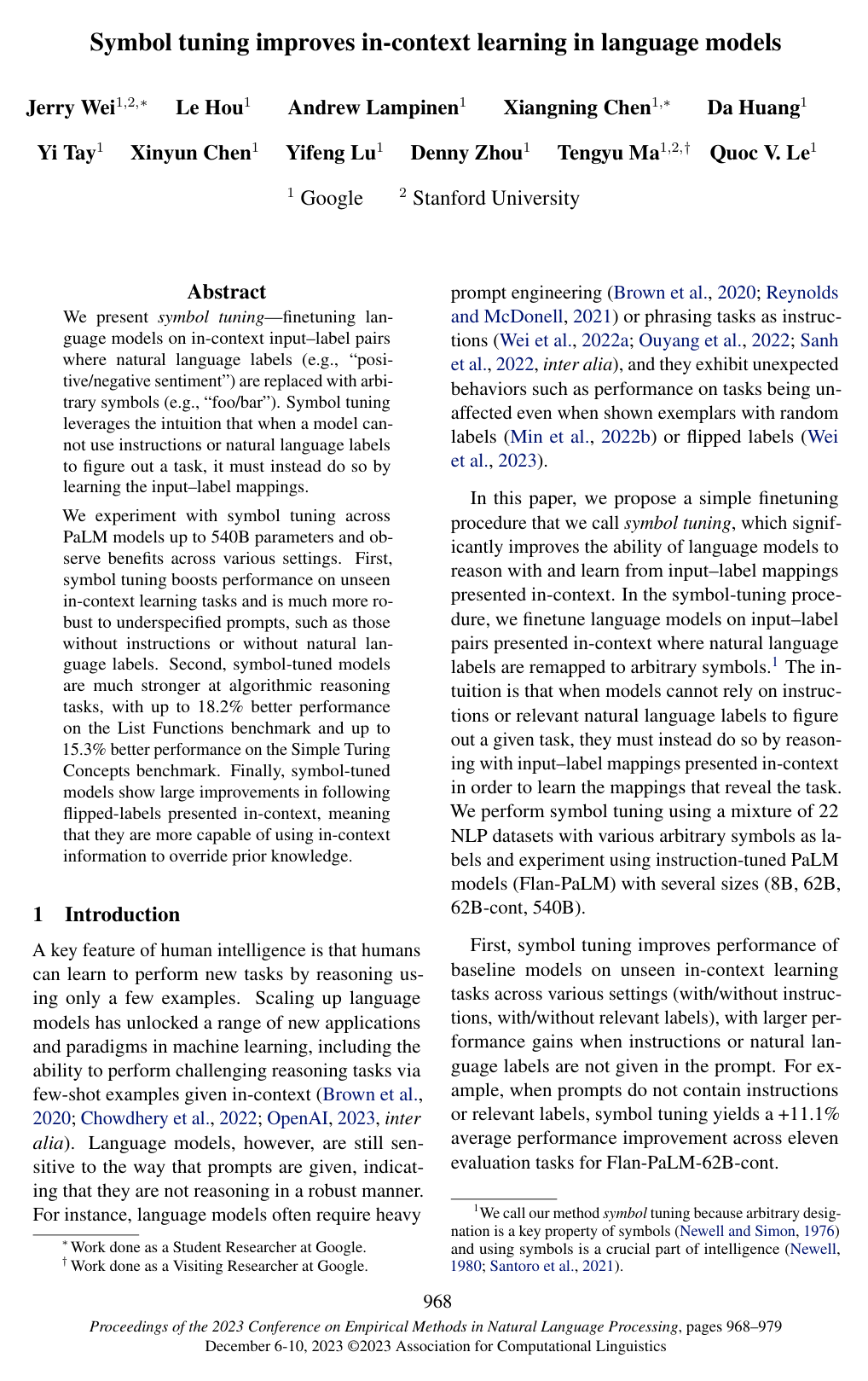 Symbol tuning improves in-context learning in language models