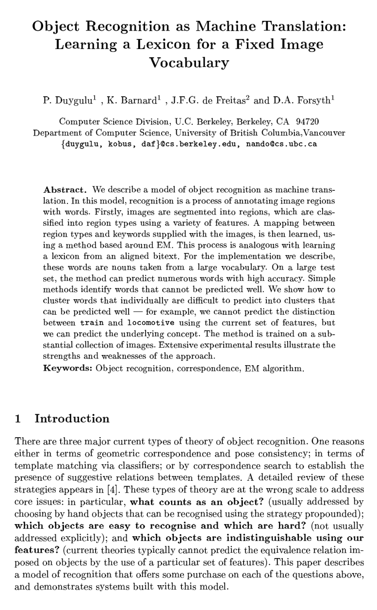 Cover for Object Recognition as Machine Translation: Learning a Lexicon for a Fixed Image Vocabulary