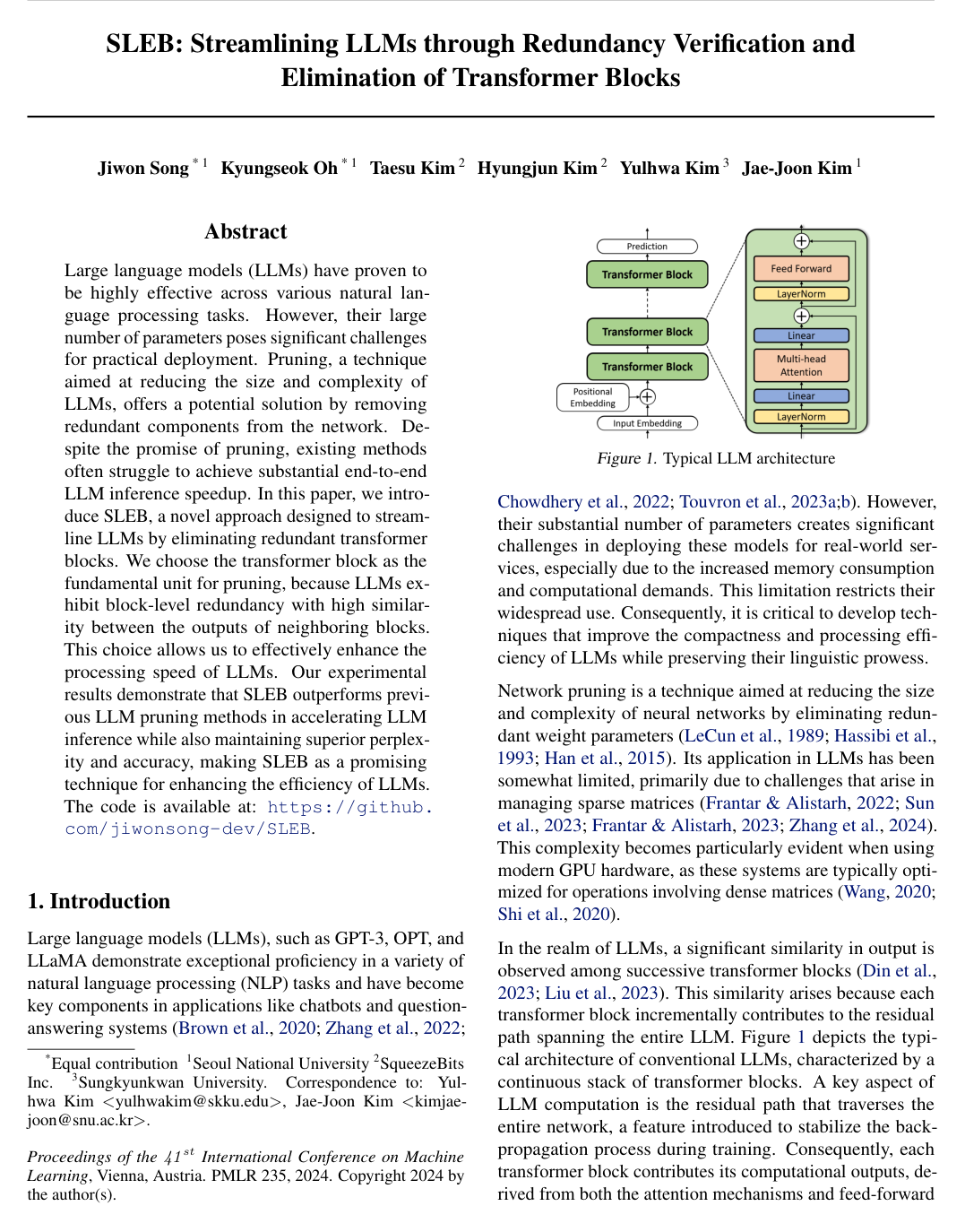 Cover for SLEB: Streamlining LLMs through Redundancy Verification and Elimination of Transformer Blocks