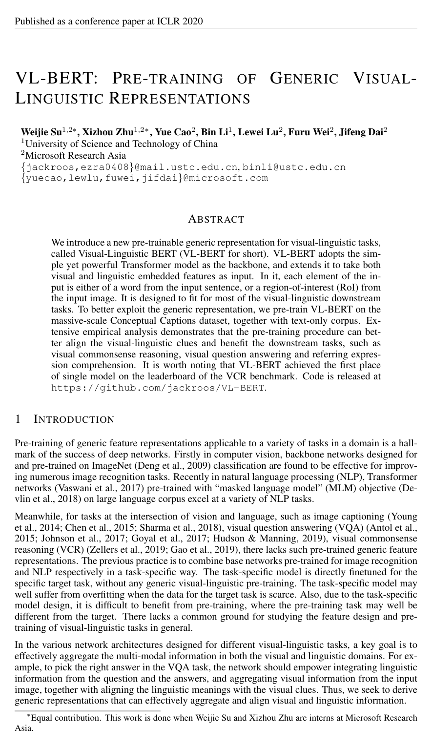 Cover for VL-BERT: Pre-training of Generic Visual-Linguistic Representations