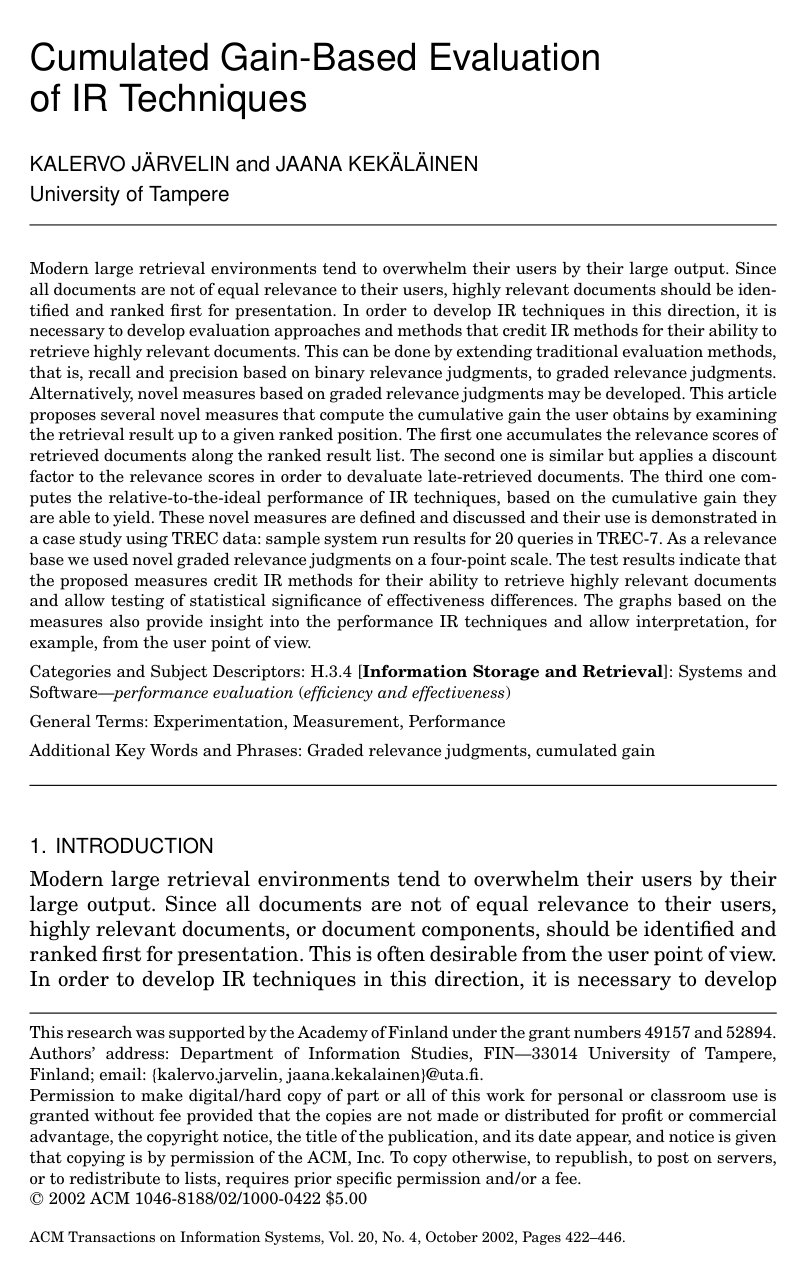 Cumulated gain-based evaluation of IR techniques