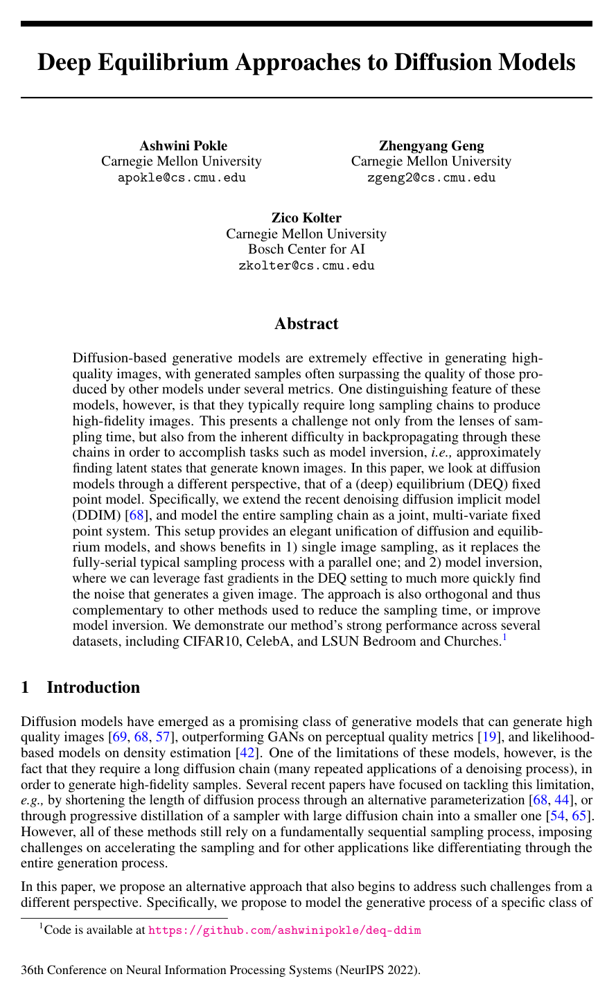Deep Equilibrium Approaches to Diffusion Models
