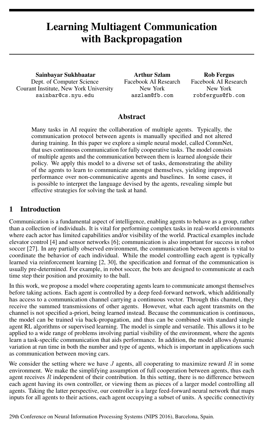 Cover for Learning Multiagent Communication with Backpropagation