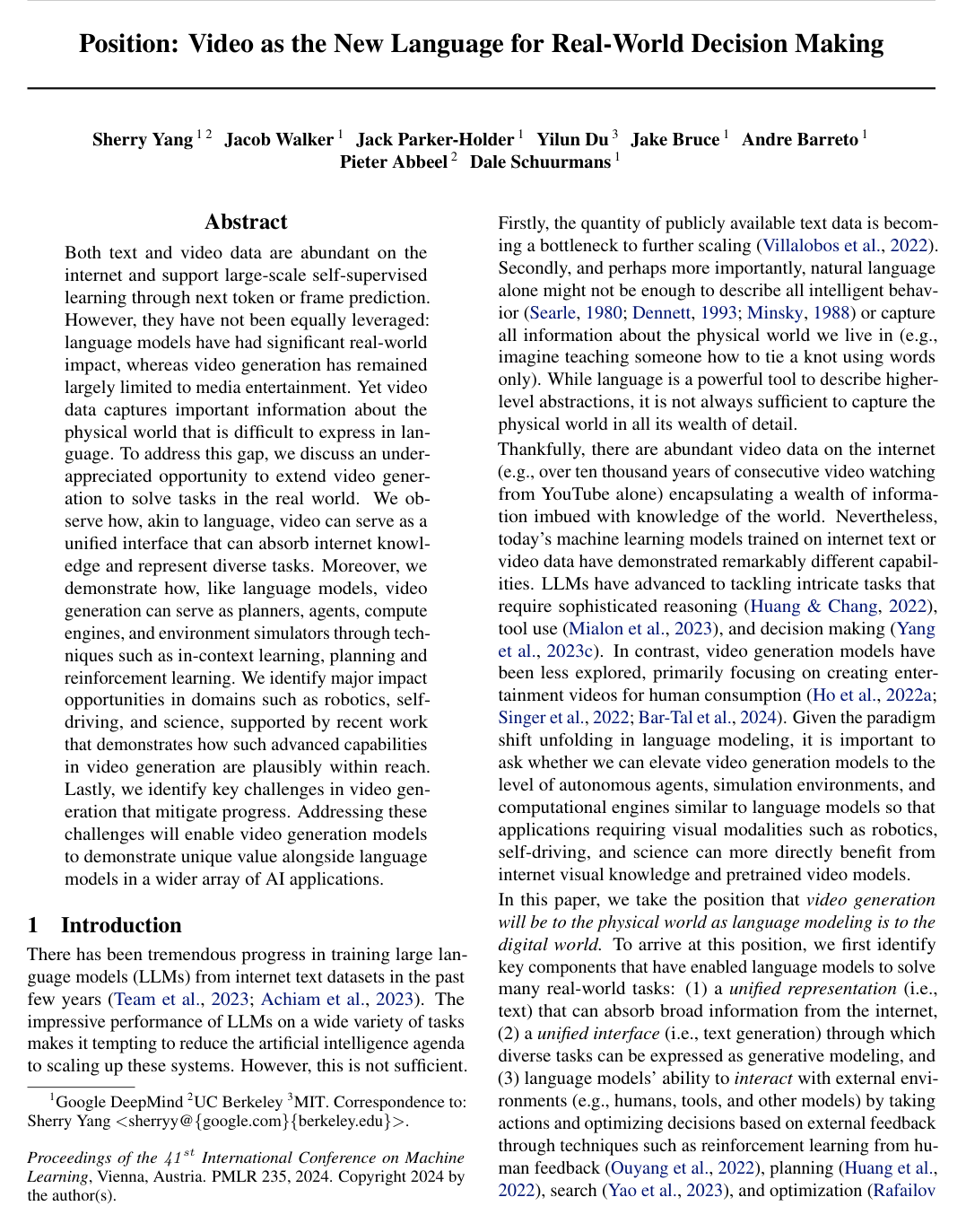 Cover for Position: Video as the New Language for Real-World Decision Making