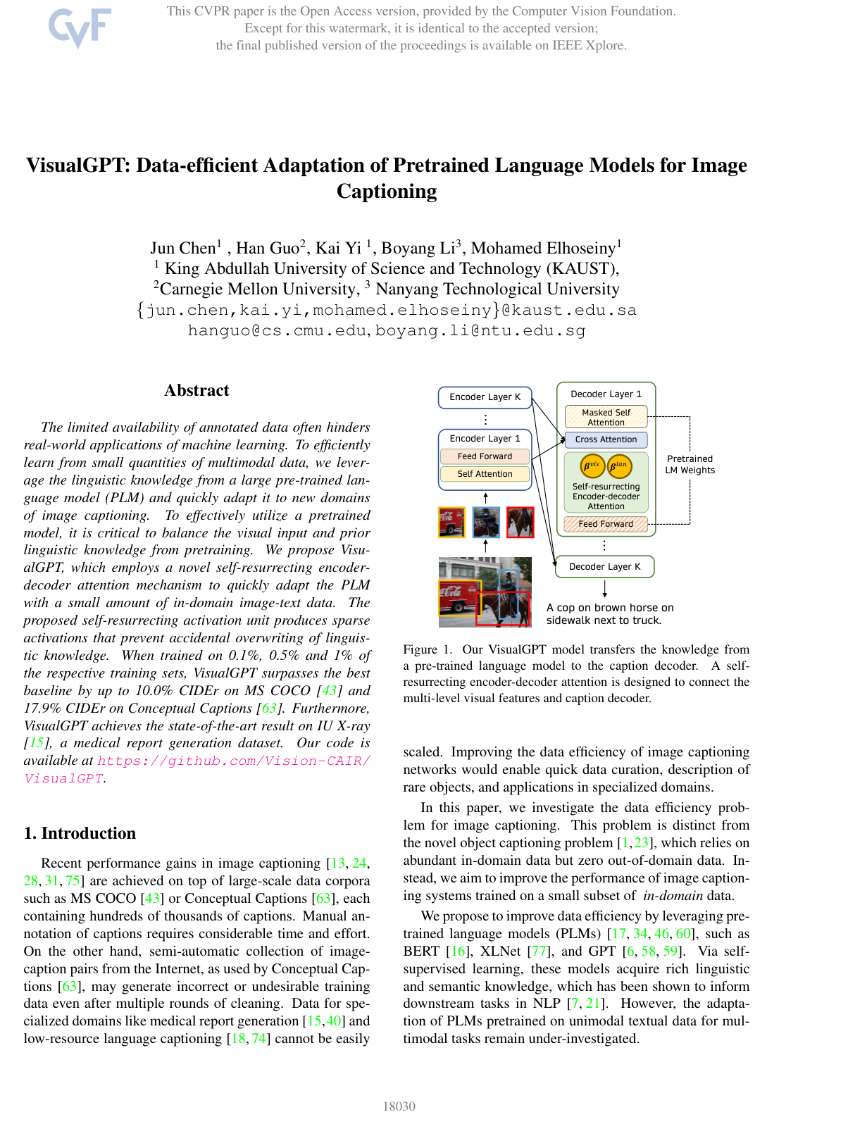 VisualGPT: Data-efficient Adaptation of Pretrained Language Models for Image Captioning
