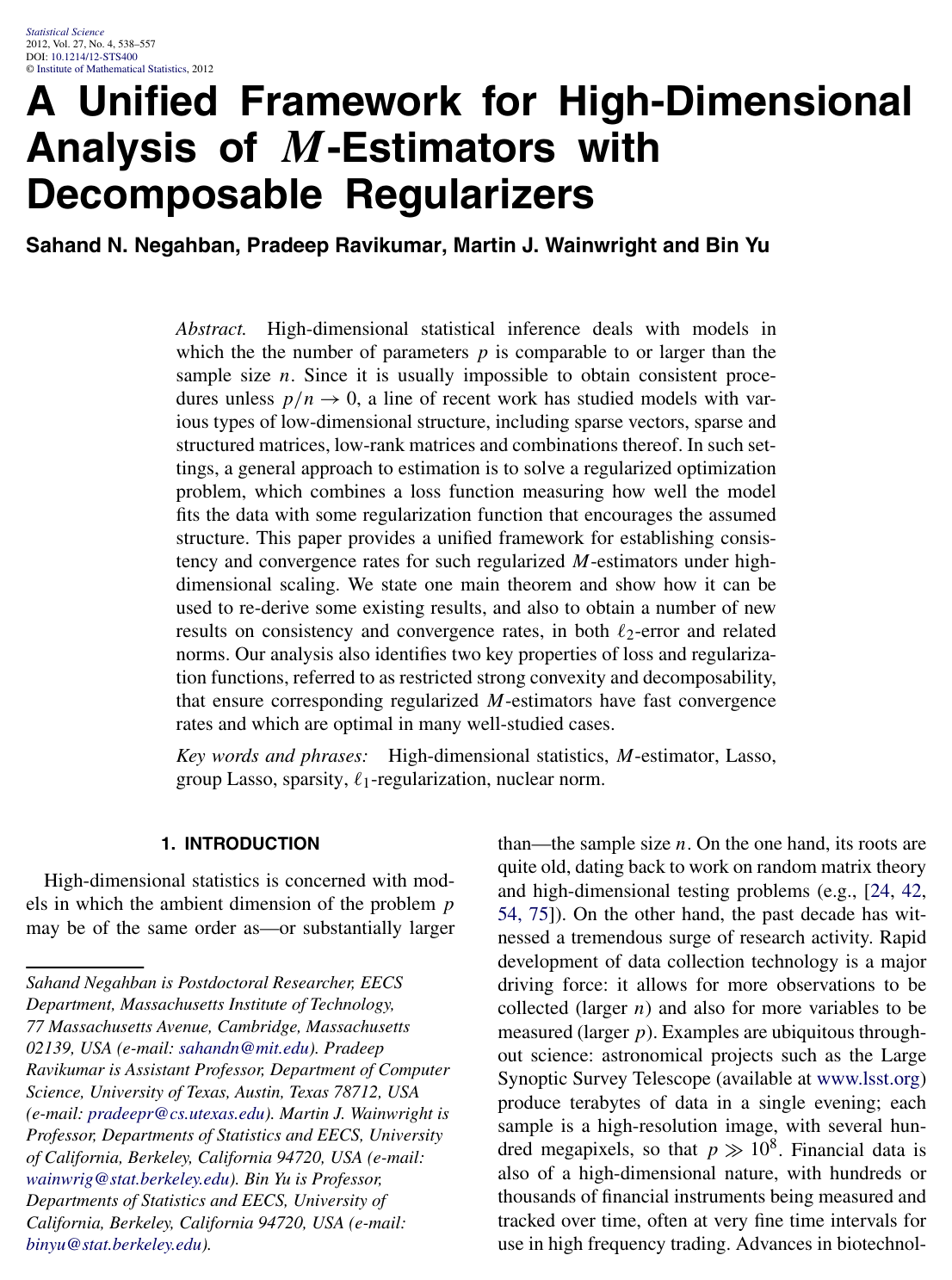 Cover for A unified framework for high-dimensional analysis of $M$-estimators with decomposable regularizers