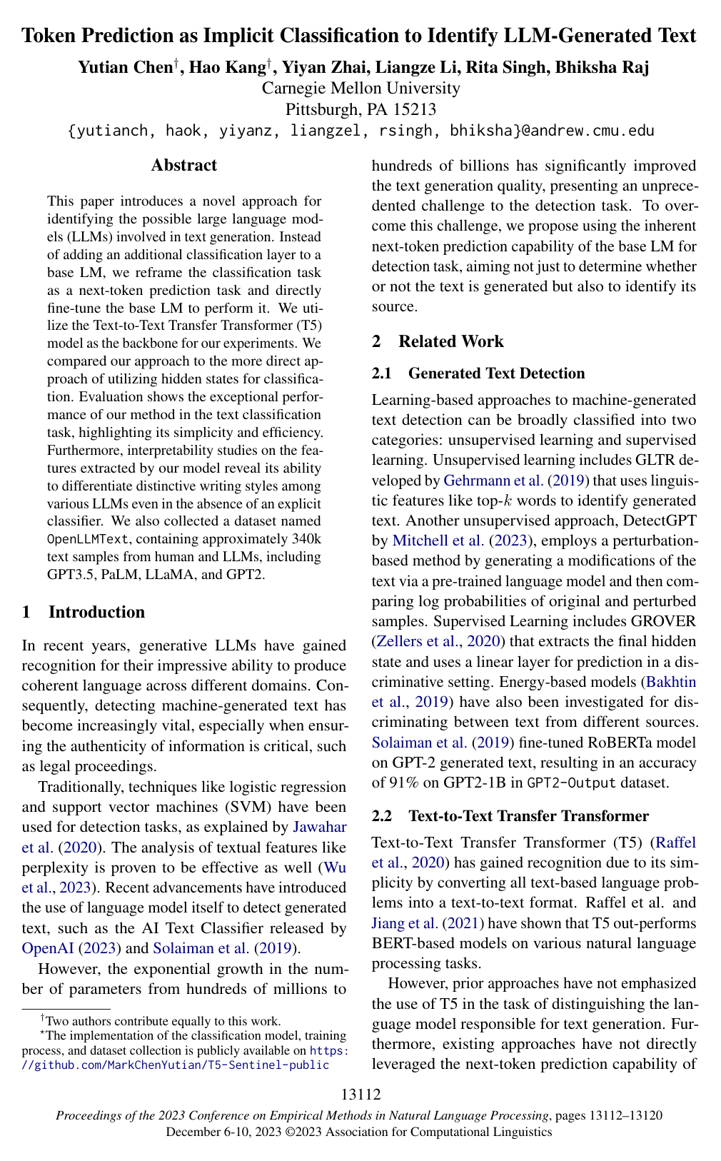 Token Prediction as Implicit Classification to Identify LLM-Generated Text