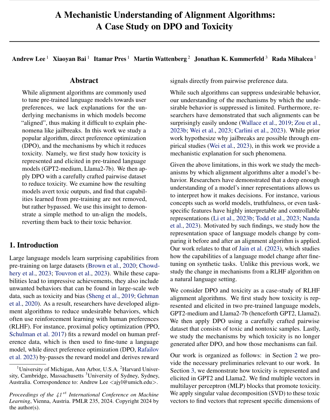A Mechanistic Understanding of Alignment Algorithms: A Case Study on DPO and Toxicity