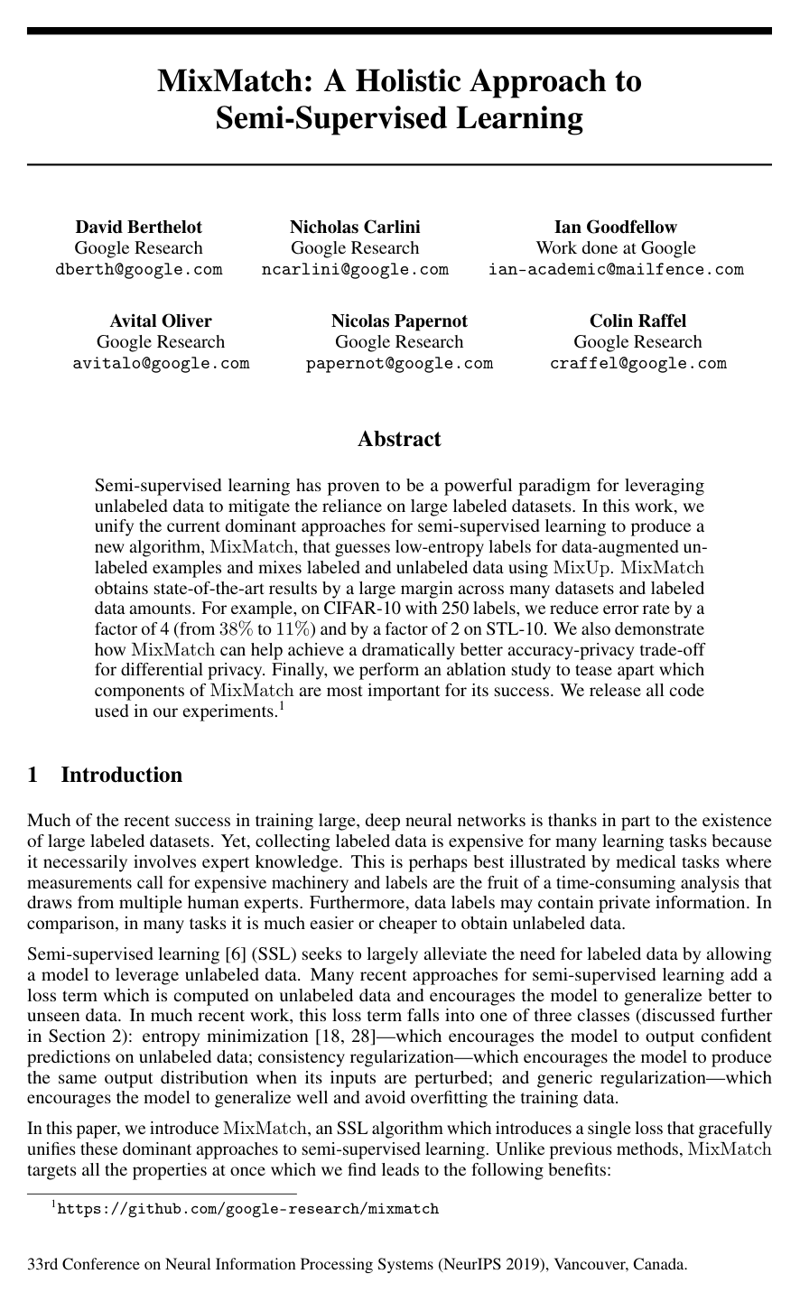 MixMatch: A Holistic Approach to Semi-Supervised Learning