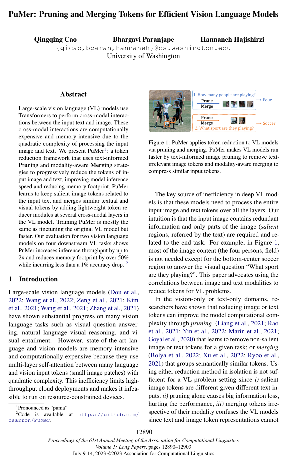 PuMer: Pruning and Merging Tokens for Efficient Vision Language Models