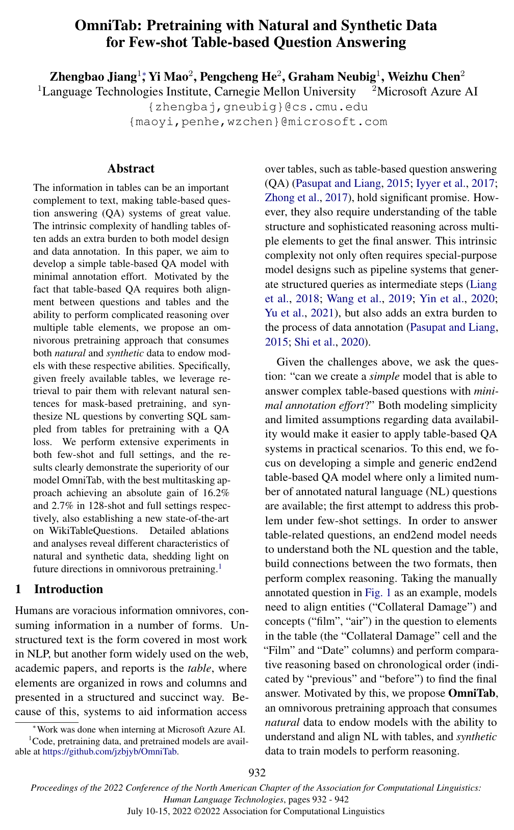 OmniTab: Pretraining with Natural and Synthetic Data for Few-shot Table-based Question Answering